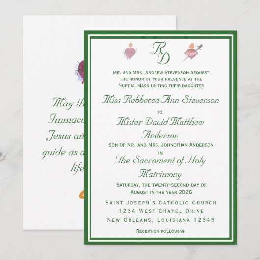 Elegant Two Hearts Catholic Wedding Invitation 招待状 (正面/裏面)