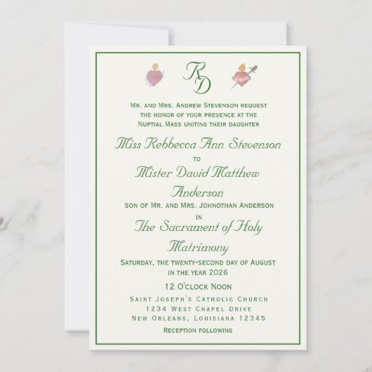 Elegant Two Hearts Catholic Wedding Invitation 招待状 (正面)
