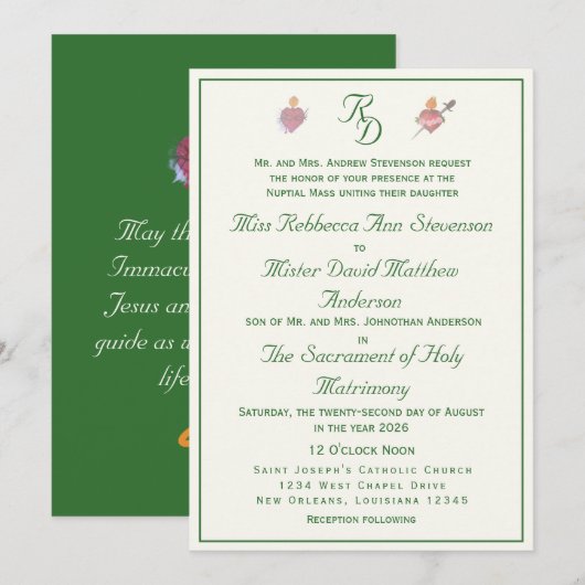 Elegant Two Hearts Catholic Wedding Invitation 招待状 (正面/裏面)