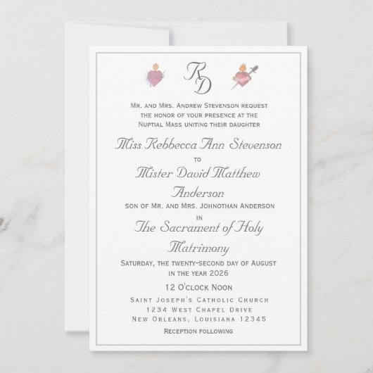 Elegant Two Hearts Catholic Wedding Invitation 招待状 (正面)