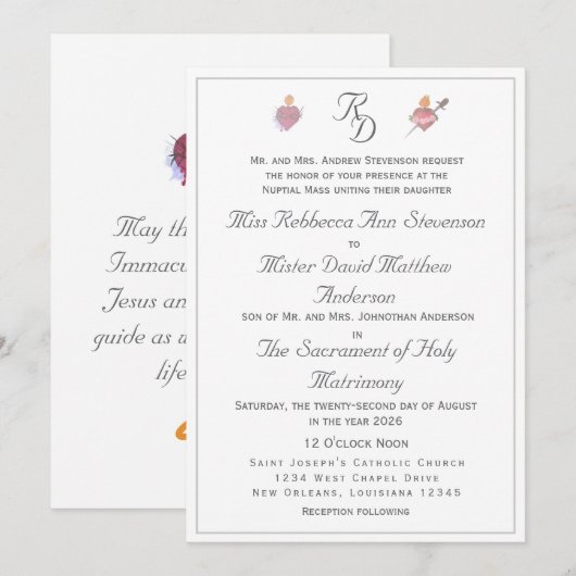 Elegant Two Hearts Catholic Wedding Invitation 招待状 (正面/裏面)