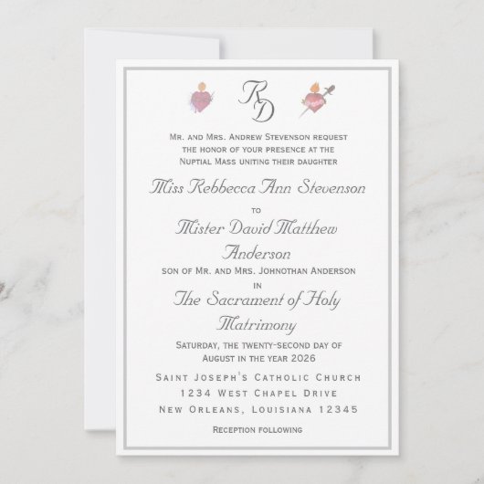 Elegant Two Hearts Catholic Wedding Invitation 招待状 (正面)