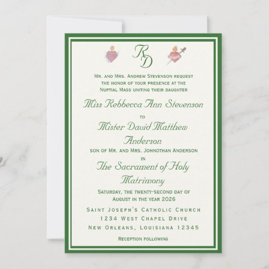 Elegant Two Hearts Catholic Wedding Invitation 招待状 (正面)