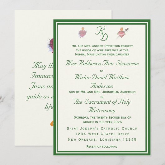 Elegant Two Hearts Catholic Wedding Invitation 招待状 (正面/裏面)