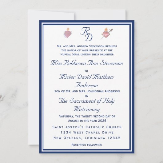 Elegant Two Hearts Catholic Wedding Invitation 招待状 (正面)