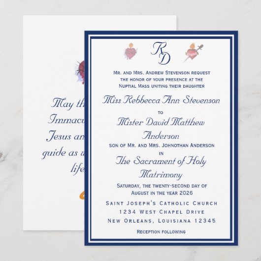 Elegant Two Hearts Catholic Wedding Invitation 招待状 (正面/裏面)