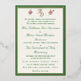 Elegant Two Hearts Catholic Wedding Invitation 箔招待状