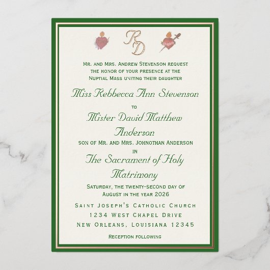 Elegant Two Hearts Catholic Wedding Invitation 箔招待状 (正面)