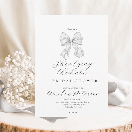 Elegant, tying the knot bridal shower white bow. 招待状