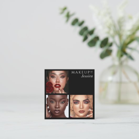 Elegant Typography Black 3 Photo Makeup スクエア名刺 (スタンド正面)