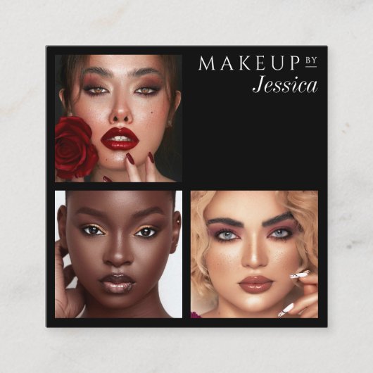 Elegant Typography Black 3 Photo Makeup スクエア名刺 (正面)