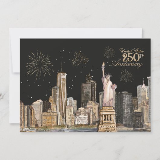 Elegant US 250th Birthday NYC Gold Firework 招待状 (正面)