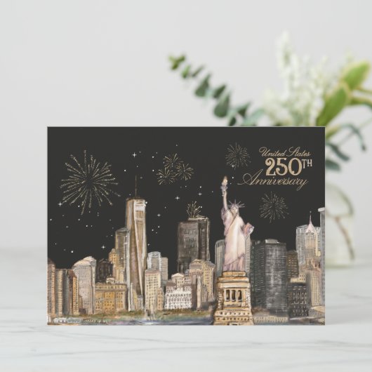 Elegant US 250th Birthday NYC Gold Firework 招待状 (スタンド正面)