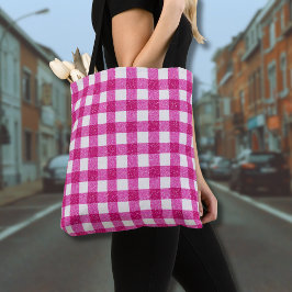 Elegant Valentine Pink Glitter Tartan on White トートバッグ