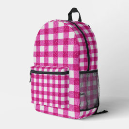 Elegant Valentine Pink Glitter Tartan on White プリントバックパック