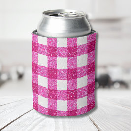 Elegant Valentine Pink Glitter Tartan on White 缶クーラー