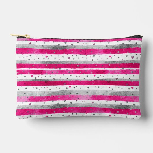 Elegant Valentine Pink Silver Hearts on Striped アクセサリーポーチ (正面)