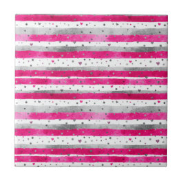 Elegant Valentine Pink Silver Hearts on Striped タイル