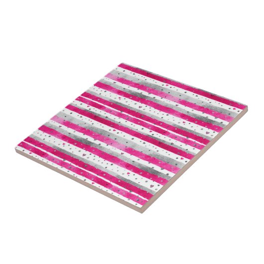 Elegant Valentine Pink Silver Hearts on Striped タイル (側面)