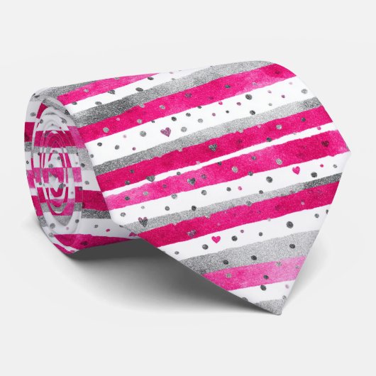 Elegant Valentine Pink Silver Hearts on Striped ネクタイ (ロール)