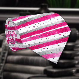 Elegant Valentine Pink Silver Hearts on Striped ネクタイ