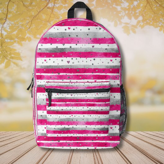 Elegant Valentine Pink Silver Hearts on Striped プリントバックパック