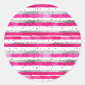 Elegant Valentine Pink Silver Hearts on Striped ラウンドシール (正面)