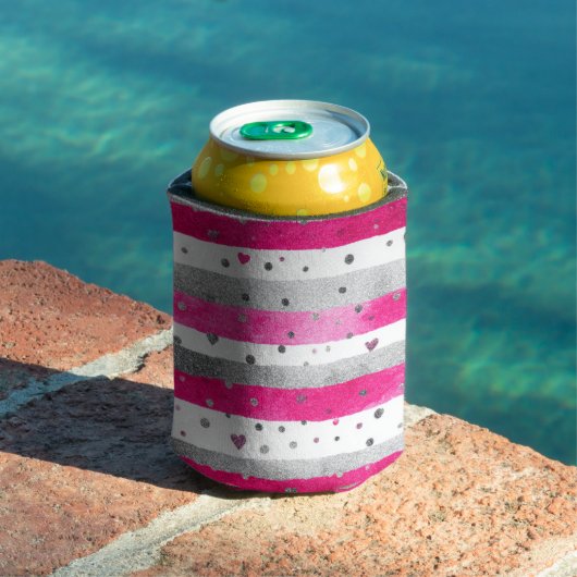 Elegant Valentine Pink Silver Hearts on Striped 缶クーラー (インサイチュ プール)