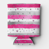 Elegant Valentine Pink Silver Hearts on Striped 缶クーラー (正面)