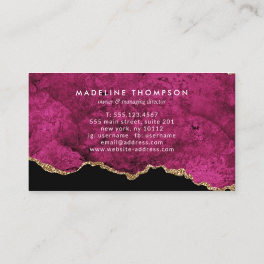 Elegant Velvet Magenta Pink Marble Agate Geode 名刺 (裏面)