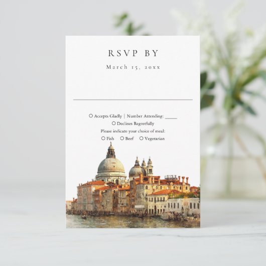 Elegant Venice Skyline Watercolor Wedding 出欠カード (スタンド正面)