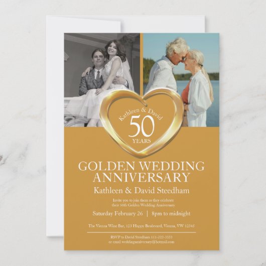 Elegant Vertical Golden 50th Wedding Anniversary 招待状 (正面)