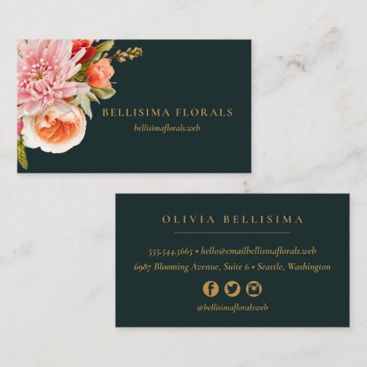 Elegant Vibrant Flowers on Dark Teal 名刺 (正面/裏面)