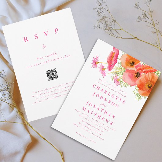 Elegant Vibrant Pink Orange Floral Wedding QR Code 招待状