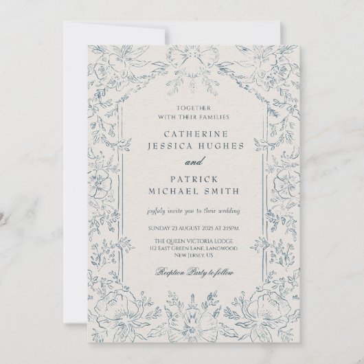 Elegant Victorian Blue Floral Wedding  招待状 (正面)