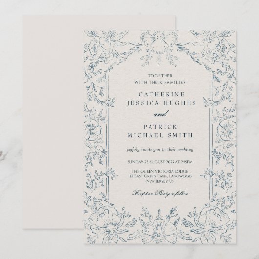Elegant Victorian Blue Floral Wedding  招待状 (正面/裏面)