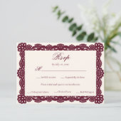 Elegant Victorian Burgundy Ivory Lace Wedding Meal 出欠カード (スタンド正面)