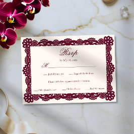 Elegant Victorian Burgundy Ivory Lace Wedding Meal 出欠カード