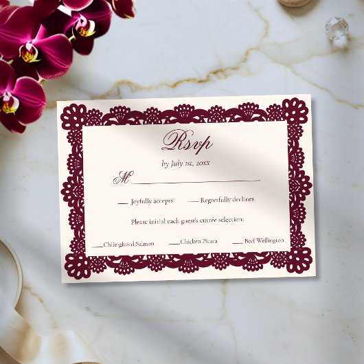 Elegant Victorian Burgundy Ivory Lace Wedding Meal 出欠カード