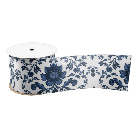 Elegant Victorian Damask Flower Pattern Navy Blue サテンリボン (リール)