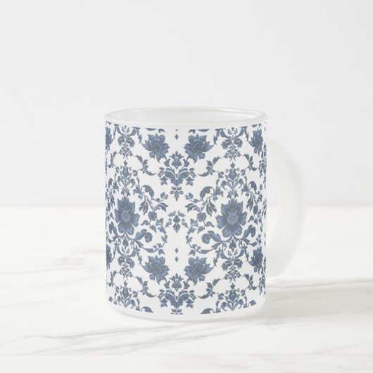 Elegant Victorian Damask Flower Pattern Navy Blue  フロストグラスマグカップ (正面右)