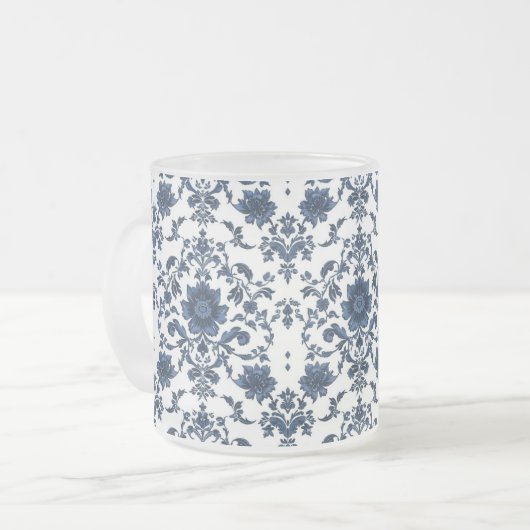 Elegant Victorian Damask Flower Pattern Navy Blue  フロストグラスマグカップ (正面左)