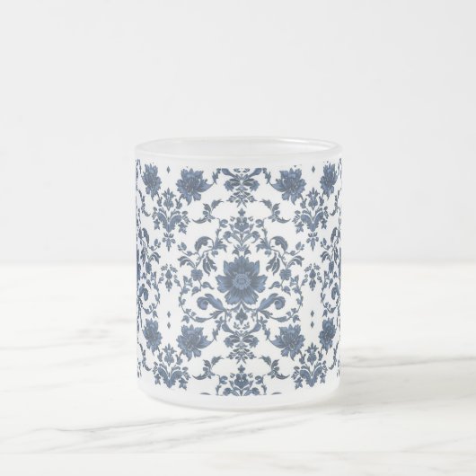 Elegant Victorian Damask Flower Pattern Navy Blue  フロストグラスマグカップ (中央)