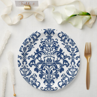 Elegant Victorian Damask Flower Pattern Navy Blue  ペーパープレート