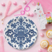 Elegant Victorian Damask Flower Pattern Navy Blue  ペーパープレート (パーティー)