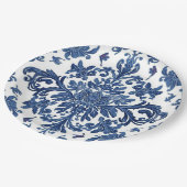 Elegant Victorian Damask Flower Pattern Navy Blue  ペーパープレート (アングル)