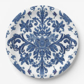 Elegant Victorian Damask Flower Pattern Navy Blue  ペーパープレート (正面)