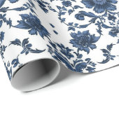 Elegant Victorian Damask Flower Pattern Navy Blue  ラッピングペーパー (ロールコーナー)