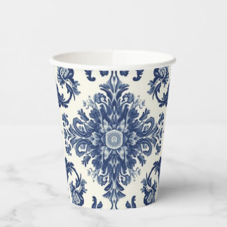 Elegant Victorian Damask Flower Pattern Navy Blue  紙コップ