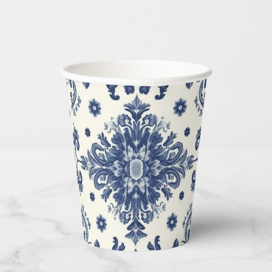 Elegant Victorian Damask Flower Pattern Navy Blue  紙コップ (右)